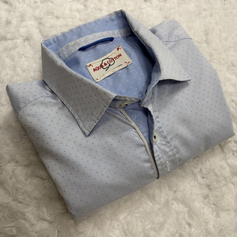 Mens Long Sleeve Button Down Shirt Made In Spain Blue AOP Aqua & Cotton Rare!!‎